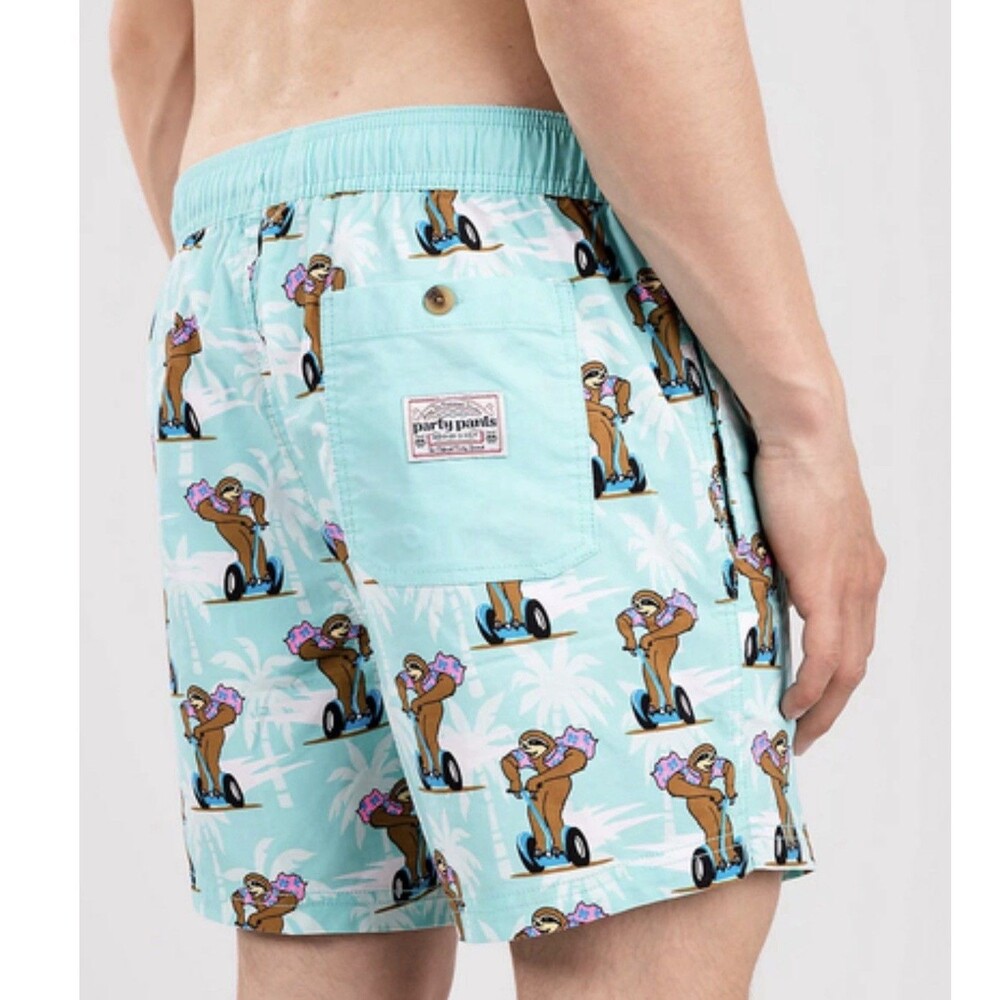 Party Pants USA Rollin Deep Board Shorts Sloth On Segway Swim Trunks Sz L New